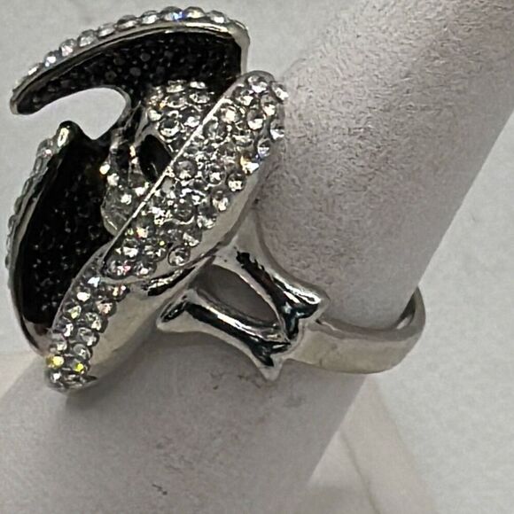 Brand New!! Size 12 Black and clear rhinestone encrusted skull and bat wing ring - Picture 3 of 6